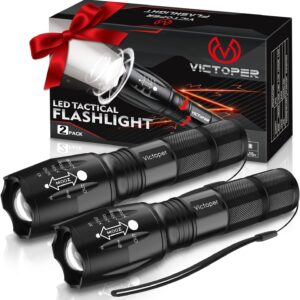 Victoper LED Flashlight 2 Pack, Bright Tactical Torch High Lumens 5 Modes, Waterproof Zoomable Flash Light for Outdoor, Birthday Gifts for Men, Dorm Room Hiking Camping Essentials Gear for Guys