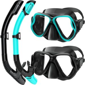 Snorkeling Gear for Adults, Adult Snorkel Set with Panoramic Anti-Leak and Anti-Fog Tempered Glass Snorkel Mask, Dry Top Snorkel, Snorkle Mask Set Adult with Mesh Bag Ear Plug for Snorkeling